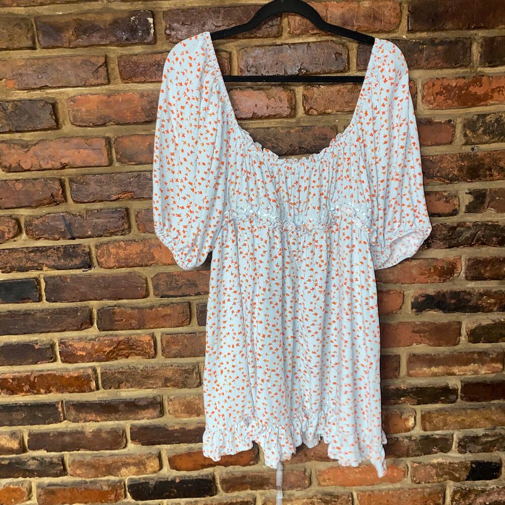 Asos Design Curve Blue Ditsy Floral Square Neck Puff Sleeve Mini Dress Size 14 - Picture 8 of 8